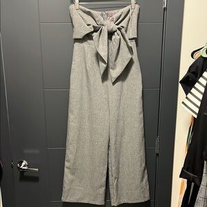 Gray Striped Jumpsuit with Bow Front Tie